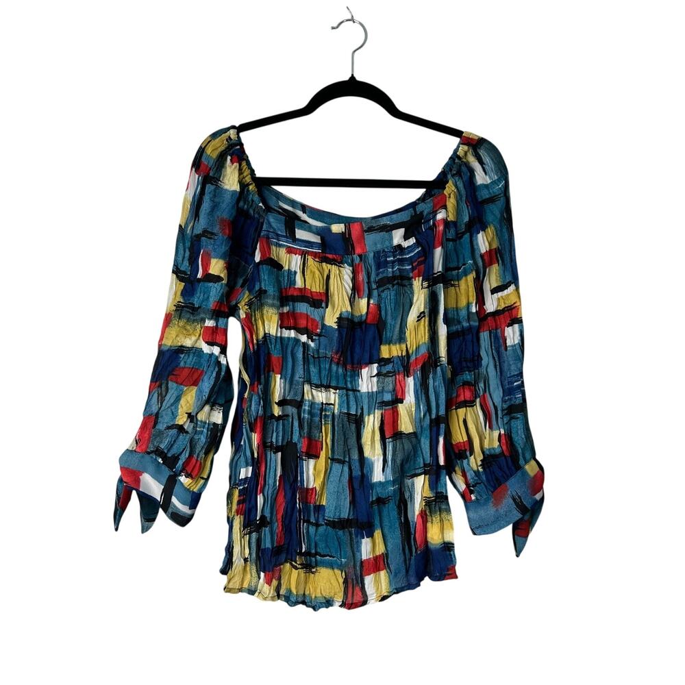 SLB Multicolor Abstract Geo Print Blouse Size L Crinkle Gauze Off the Shoulder